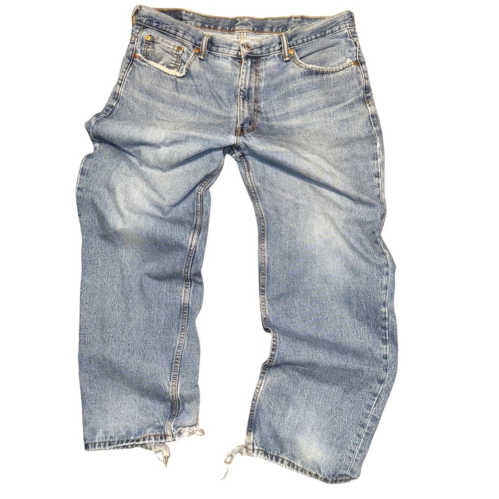Blue Levi’s 550 Denim Jeans Worn Weathered Workwear Distressed Patched Salvaged